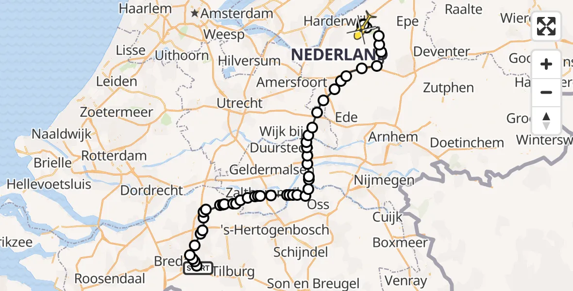 Routekaart van de vlucht: Politieheli naar Elspeet, Molenschotsebaan