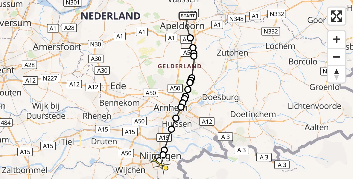 Routekaart van de vlucht: Lifeliner 3 naar Radboud Universitair Medisch Centrum, De Bovenkruier