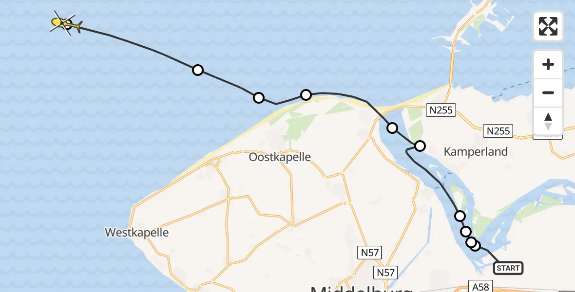 Routekaart van de vlucht: Kustwachthelikopter naar Oranjeplaatweg
