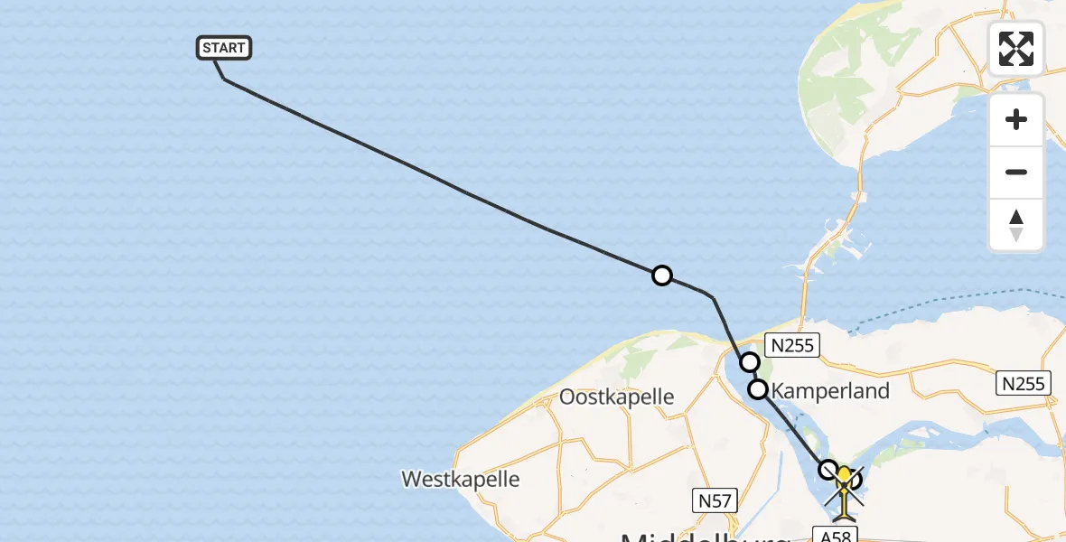 Routekaart van de vlucht: Kustwachthelikopter naar Arnemuiden, Schenge
