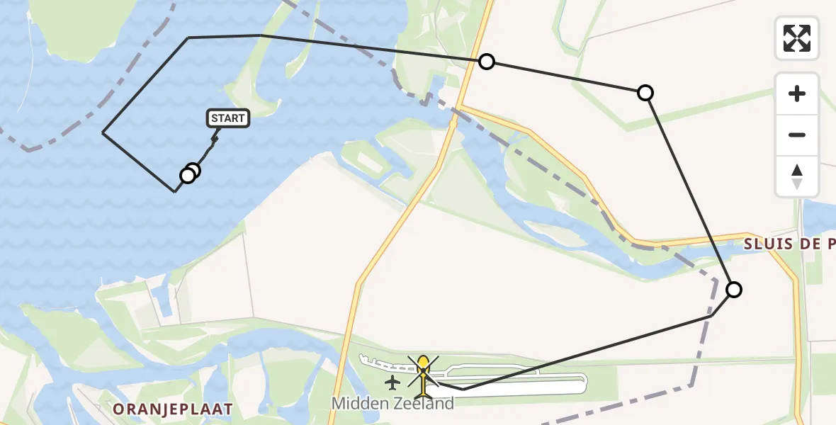 Routekaart van de vlucht: Kustwachthelikopter naar Vliegveld Midden-Zeeland, Schenge