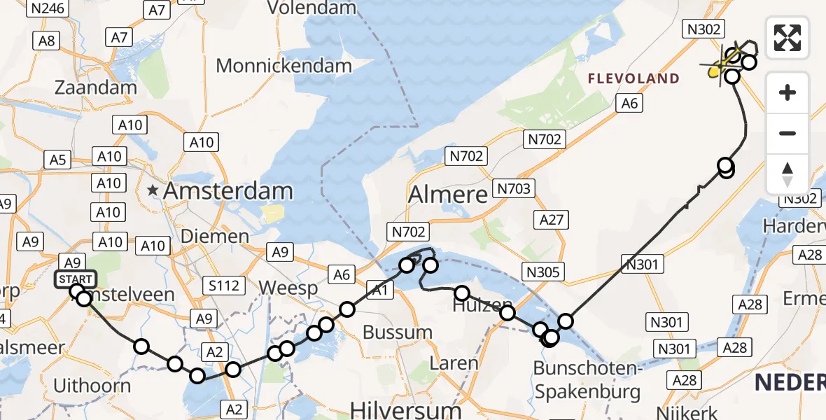 Routekaart van de vlucht: Politiehelikopter naar Lelystad Airport, Walaardt Sacréstraat