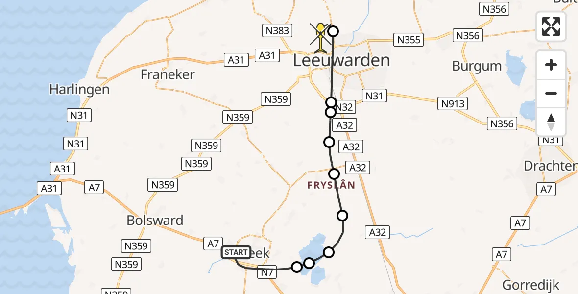 Routekaart van de vlucht: Ambulanceheli naar Vliegbasis Leeuwarden, Monnikmolen