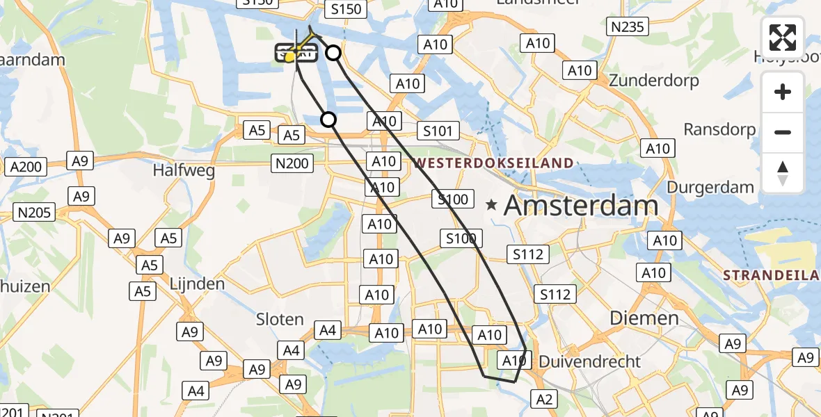 Routekaart van de vlucht: Lifeliner 1 naar Amsterdam Heliport, Corsicaweg