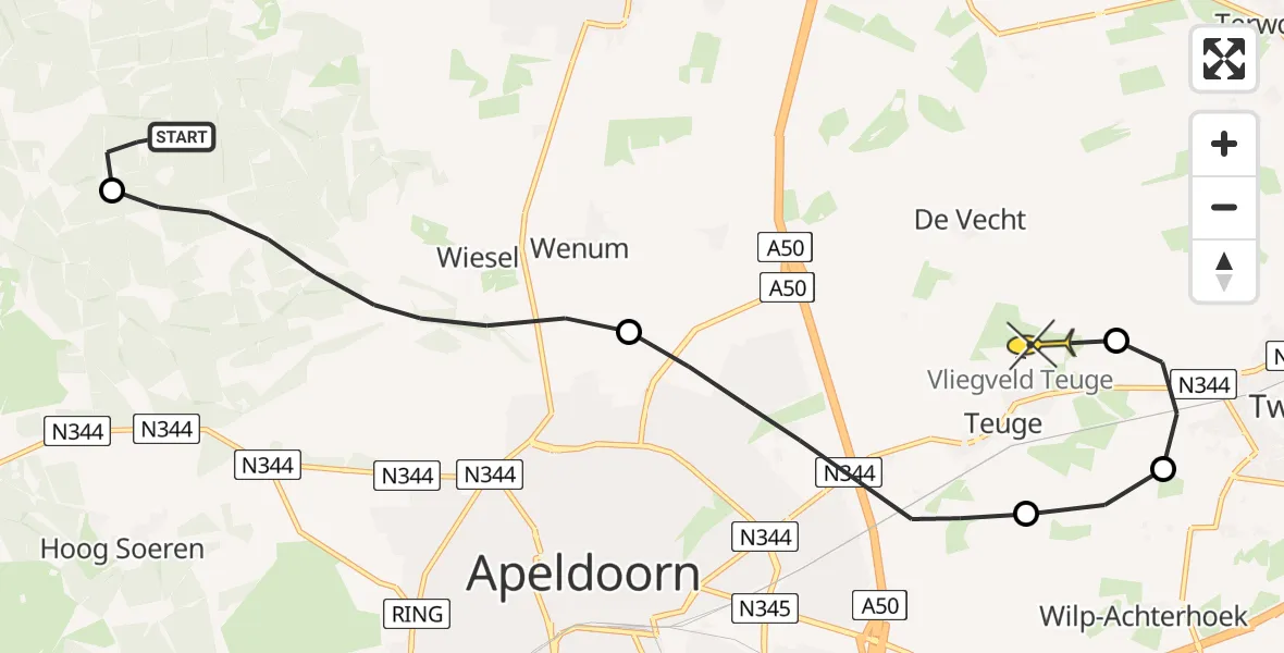 Routekaart van de vlucht: Politieheli naar Vliegveld Teuge, Elspeterweg