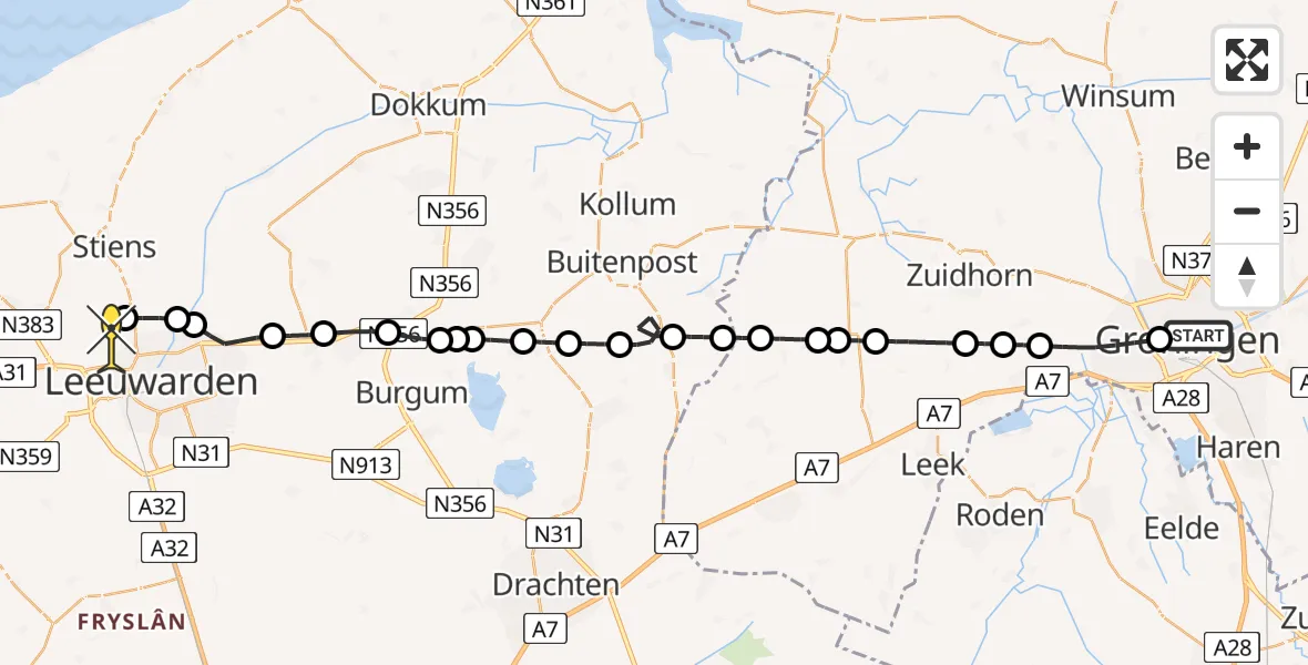 Routekaart van de vlucht: Ambulancehelikopter naar Vliegbasis Leeuwarden, Noorderhaven