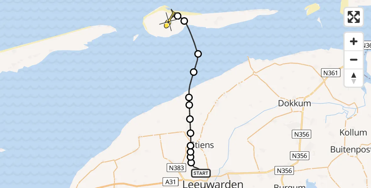 Routekaart van de vlucht: Ambulancehelikopter naar Ameland Airport Ballum, Keegsdijkje