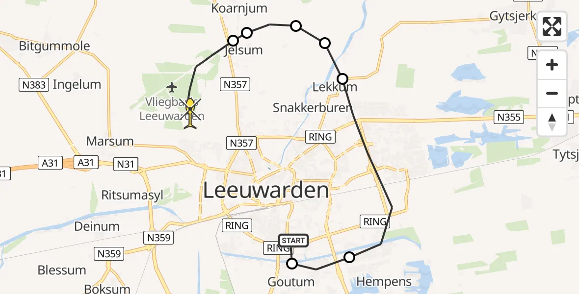 Routekaart van de vlucht: Ambulanceheli naar Vliegbasis Leeuwarden, Jonkersleane