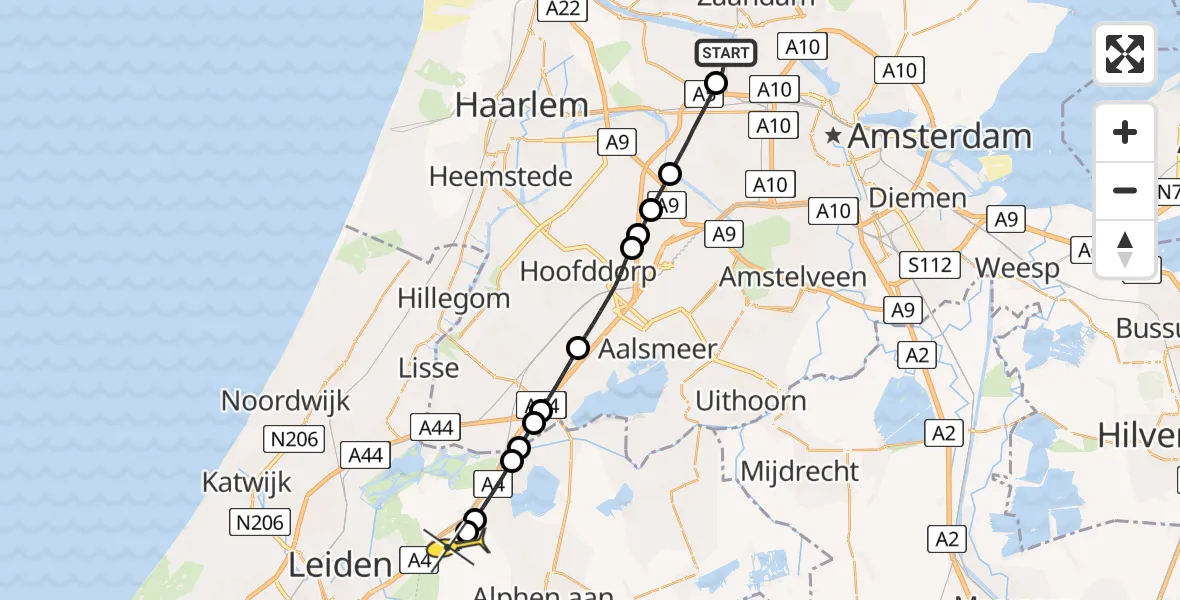 Routekaart van de vlucht: Lifeliner 1 naar Hoogmade, Nieuw-Zeelandweg
