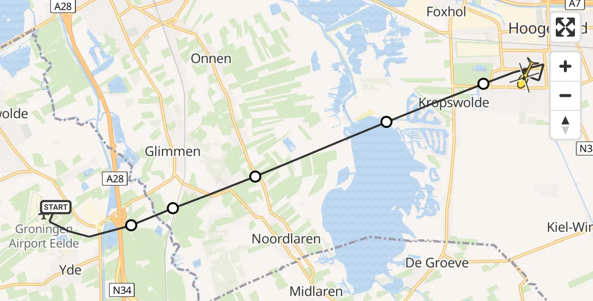 Routekaart van de vlucht: Lifeliner 4 naar Hoogezand, Duinstraat
