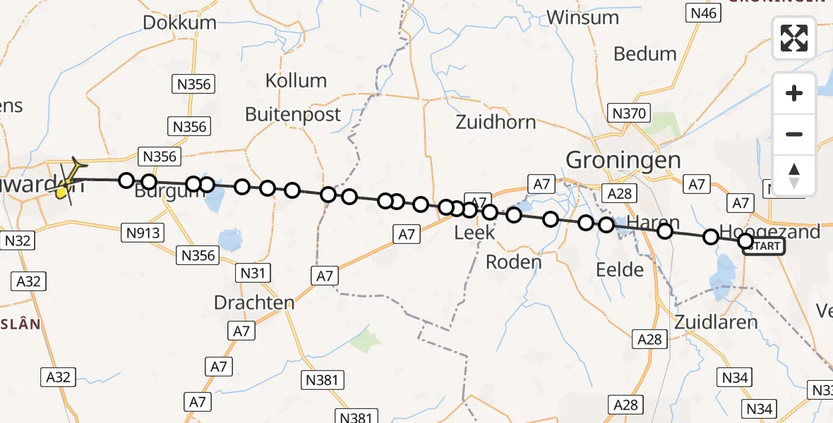 Routekaart van de vlucht: Lifeliner 4 naar Tytsjerk, Woldweg