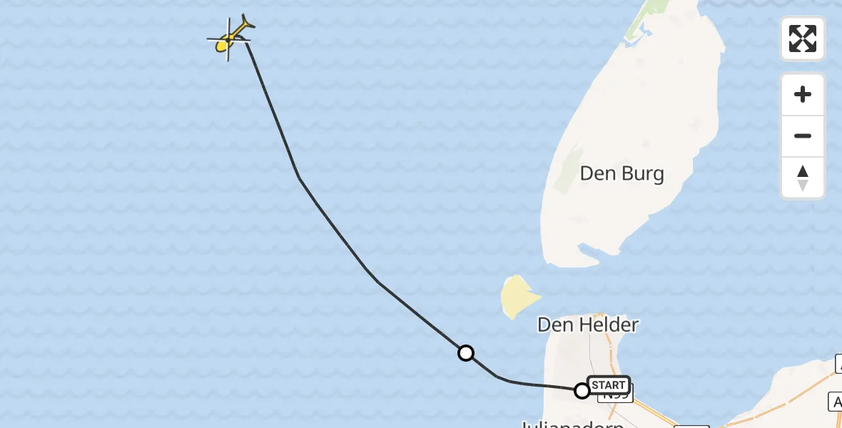 Routekaart van de vlucht: Kustwachthelikopter naar Middenvliet