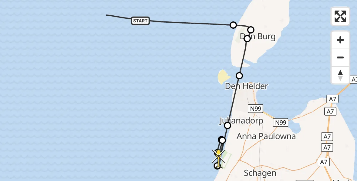 Routekaart van de vlucht: Kustwachthelikopter naar Callantsoog