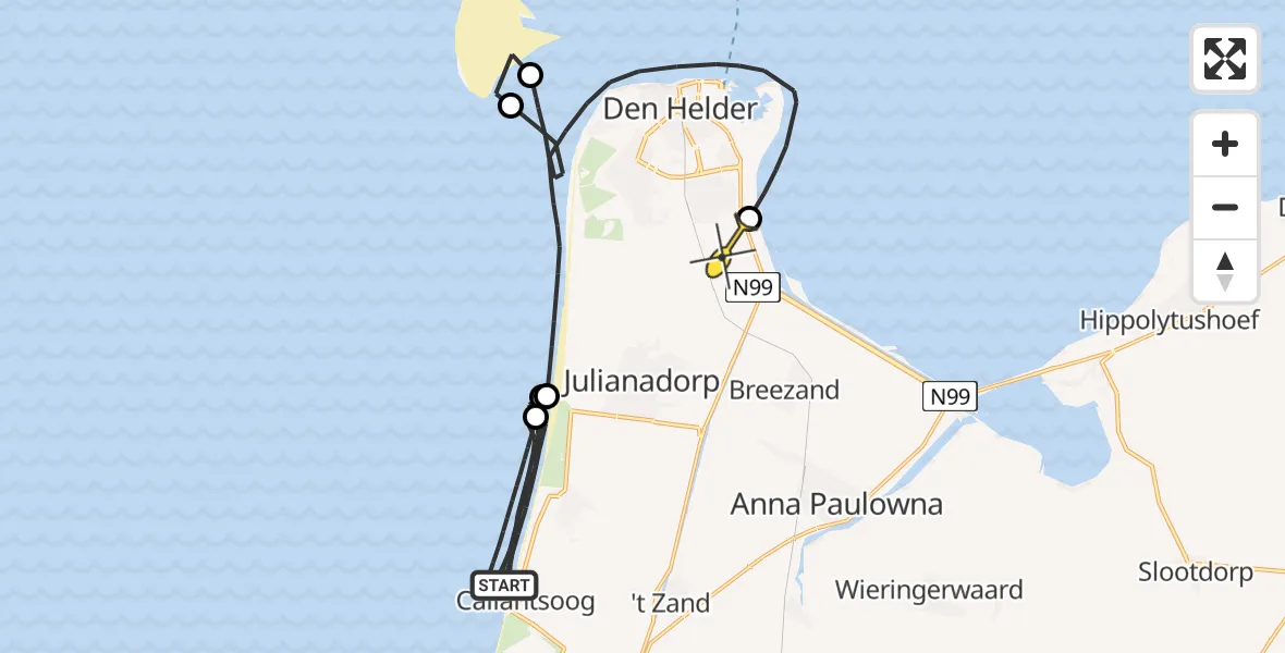 Routekaart van de vlucht: Kustwachthelikopter naar Vliegveld De Kooy, Strandslag Voordijk