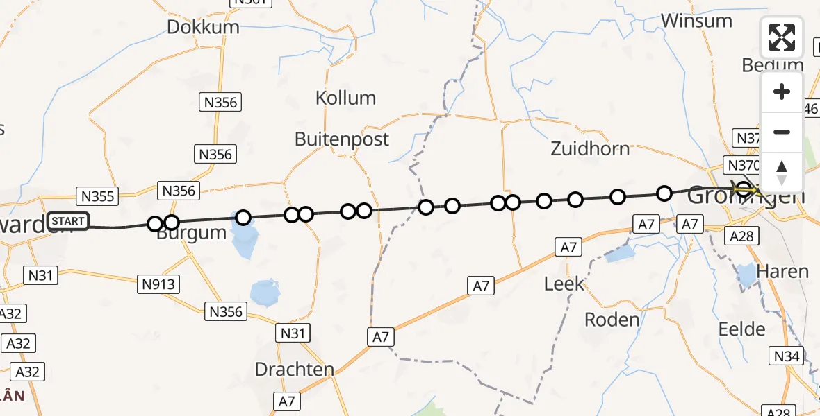 Routekaart van de vlucht: Lifeliner 4 naar Universitair Medisch Centrum Groningen, Casteleinskoai