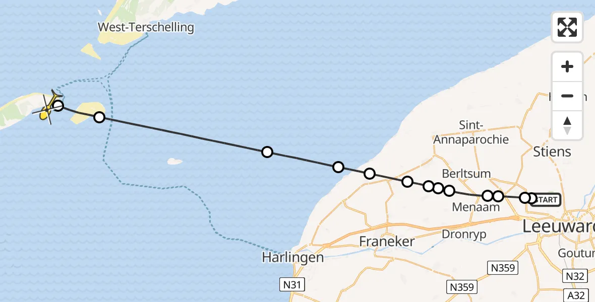 Routekaart van de vlucht: Ambulancehelikopter naar Vlieland Heliport, Keegsdijkje