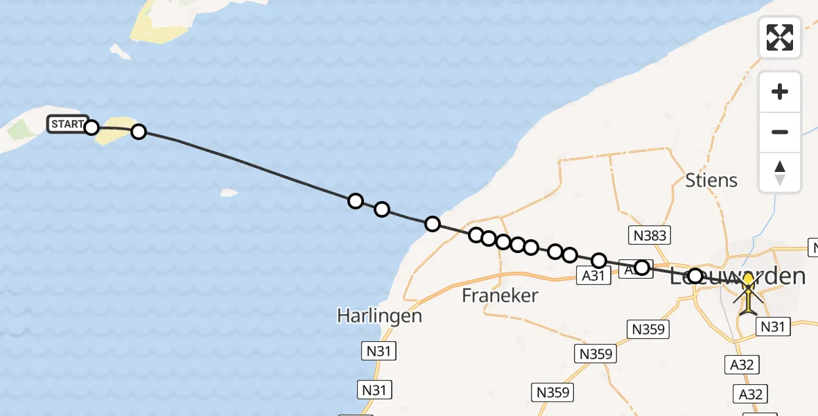 Routekaart van de vlucht: Ambulancehelikopter naar Leeuwarden, Haven Vlieland