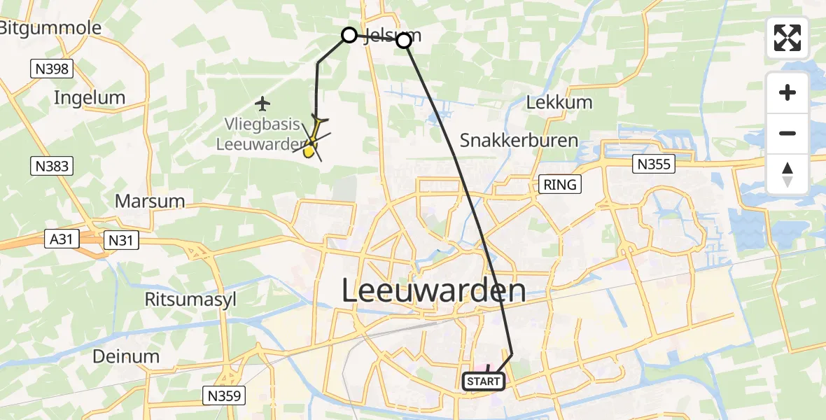Routekaart van de vlucht: Ambulanceheli naar Vliegbasis Leeuwarden, Schooldijkje
