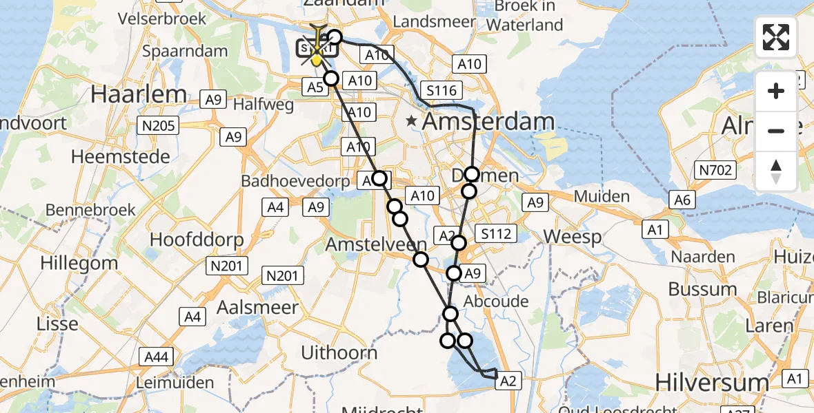 Routekaart van de vlucht: Lifeliner 1 naar Amsterdam Heliport, Corsicaweg