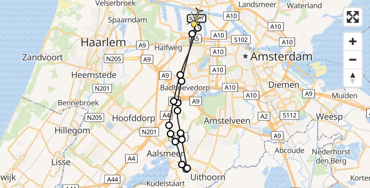 Routekaart van de vlucht: Lifeliner 1 naar Amsterdam Heliport, Nieuw-Zeelandweg