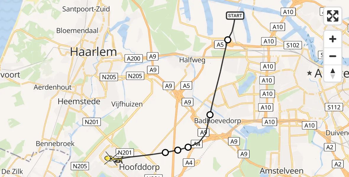 Routekaart van de vlucht: Lifeliner 1 naar Hoofddorp, Nieuw-Zeelandweg