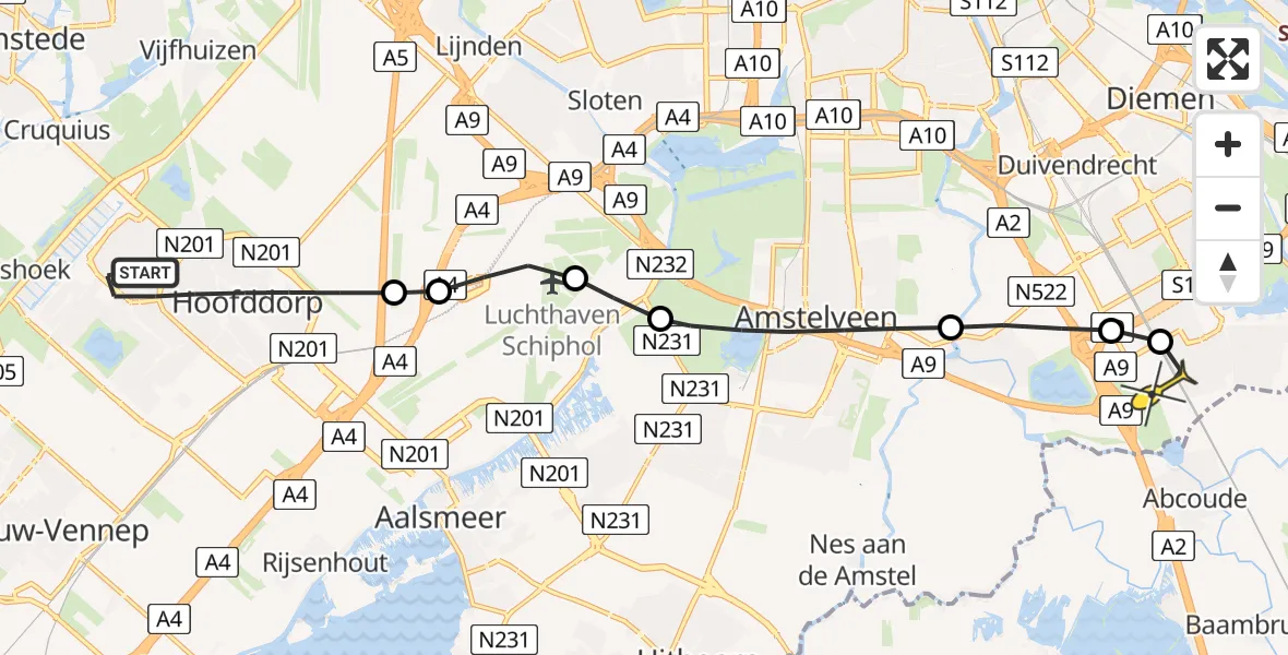 Routekaart van de vlucht: Lifeliner 1 naar Academisch Medisch Centrum (AMC), IJweg