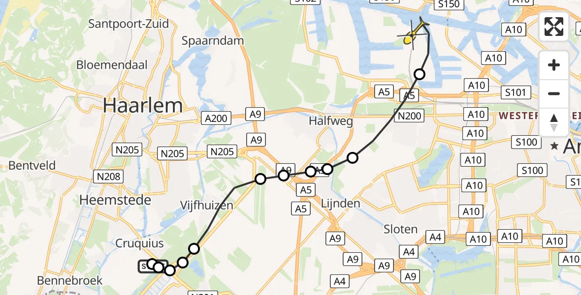 Routekaart van de vlucht: Lifeliner 1 naar Amsterdam Heliport, Drie Merenweg