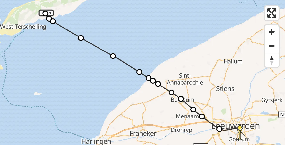 Routekaart van de vlucht: Ambulancehelikopter naar Leeuwarden, Seeryperpolder