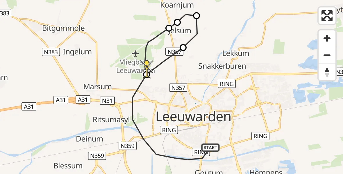 Routekaart van de vlucht: Ambulanceheli naar Vliegbasis Leeuwarden, Nijlânsdyk