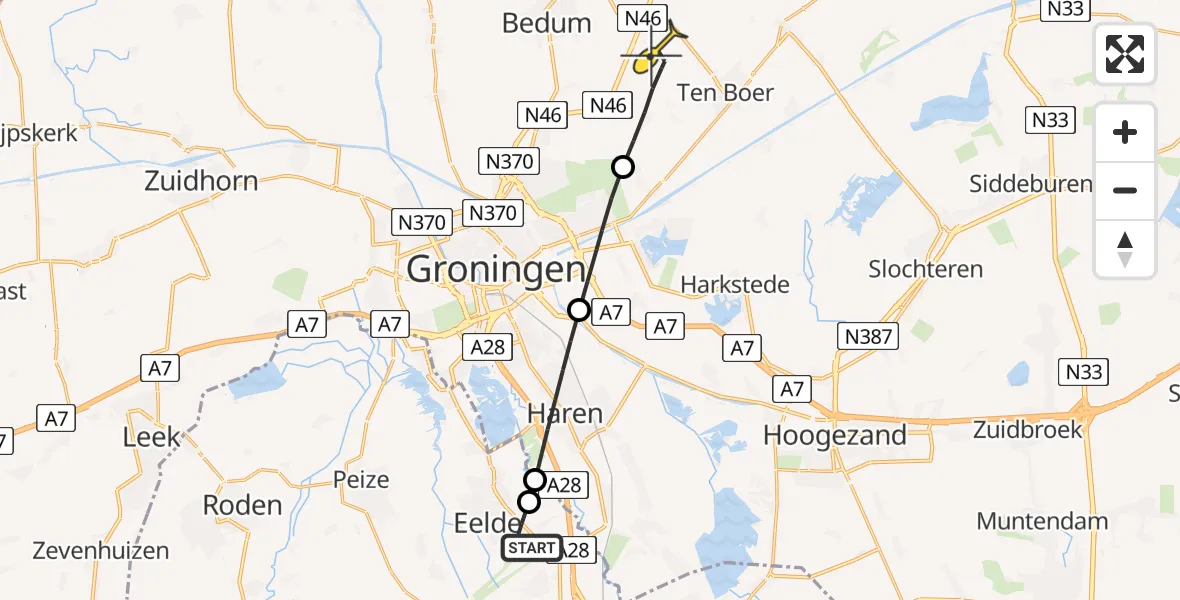 Routekaart van de vlucht: Lifeliner 4 naar Thesinge, Burgemeester J.G. Legroweg