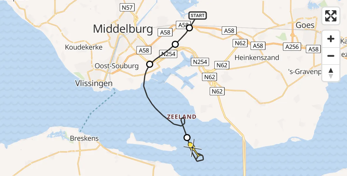 Routekaart van de vlucht: Kustwachthelikopter naar Terneuzen, Postweg