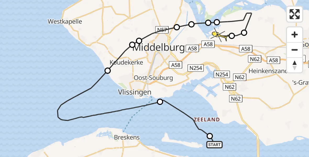 Routekaart van de vlucht: Kustwachthelikopter naar Vliegveld Midden-Zeeland, Calandweg