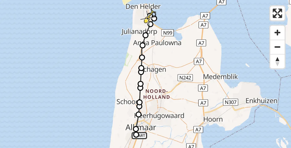 Routekaart van de vlucht: Kustwachthelikopter naar Vliegveld De Kooy, Nijenburgerweg
