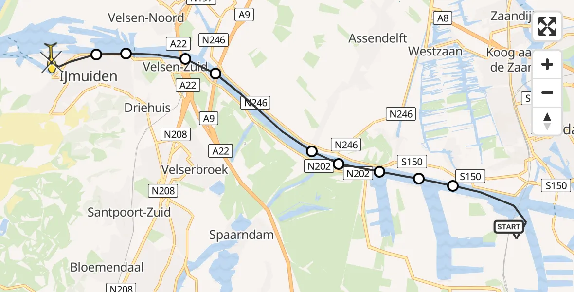Routekaart van de vlucht: Lifeliner 1 naar IJmuiden Heliport, Elbaweg
