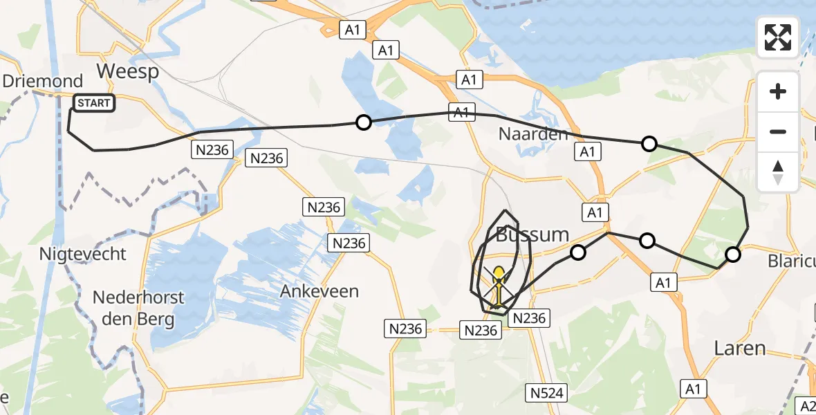 Routekaart van de vlucht: Politiehelikopter naar Bussum, Kanaaldijk