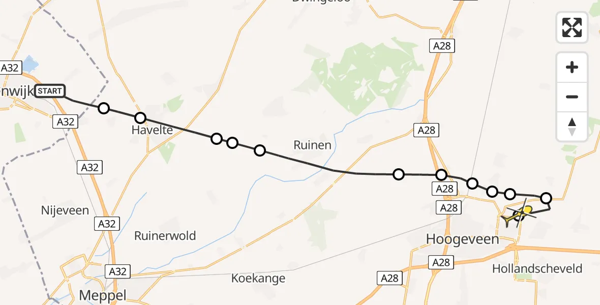 Routekaart van de vlucht: Lifeliner 4 naar Vliegveld Hoogeveen, Oorlogsmonument Kallenkote 1944
