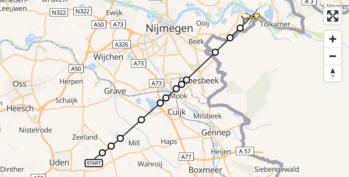 Routekaart van de vlucht: Lifeliner 3 naar Millingen aan de Rijn, Houtvennen