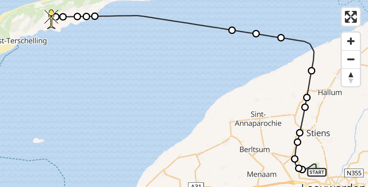 Routekaart van de vlucht: Ambulanceheli naar Midsland, Keegsdijkje