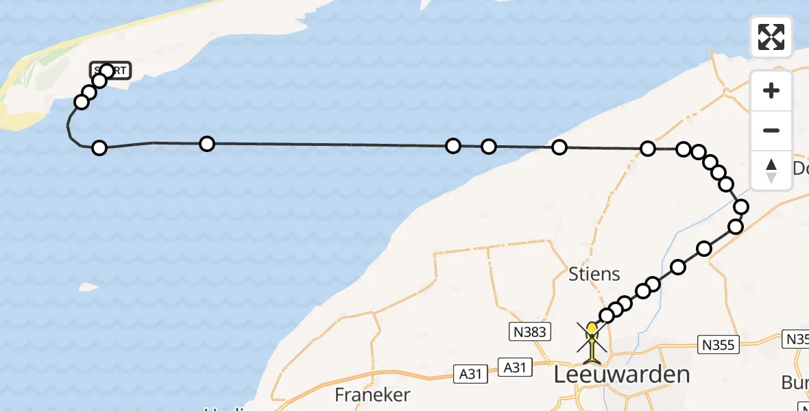 Routekaart van de vlucht: Ambulanceheli naar Vliegbasis Leeuwarden, Kallandspad