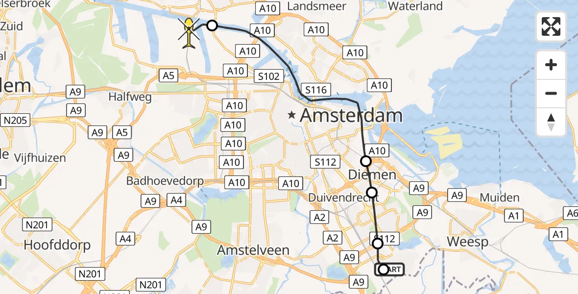 Routekaart van de vlucht: Lifeliner 1 naar Amsterdam Heliport, Gaasperdammerweg