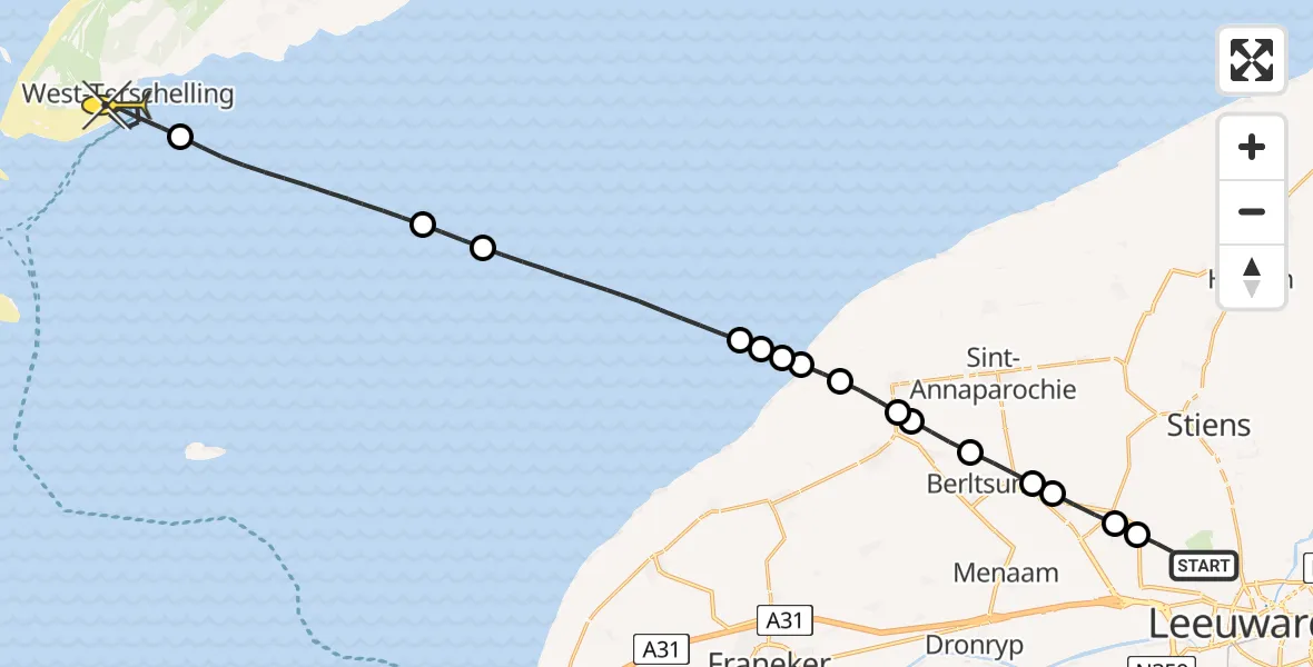 Routekaart van de vlucht: Ambulancehelikopter naar West-Terschelling, Keegsdijkje