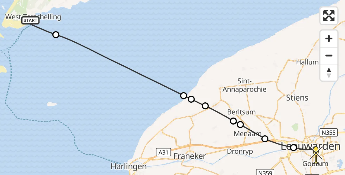Routekaart van de vlucht: Ambulancehelikopter naar Leeuwarden, De Kom