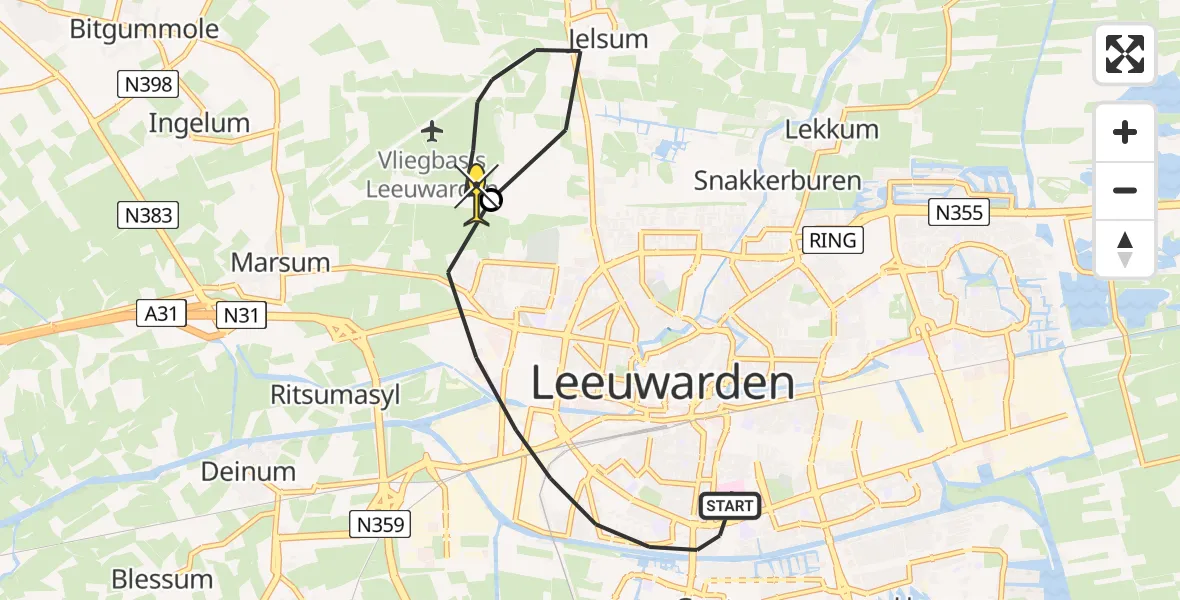 Routekaart van de vlucht: Ambulancehelikopter naar Vliegbasis Leeuwarden, Nijlânsdyk