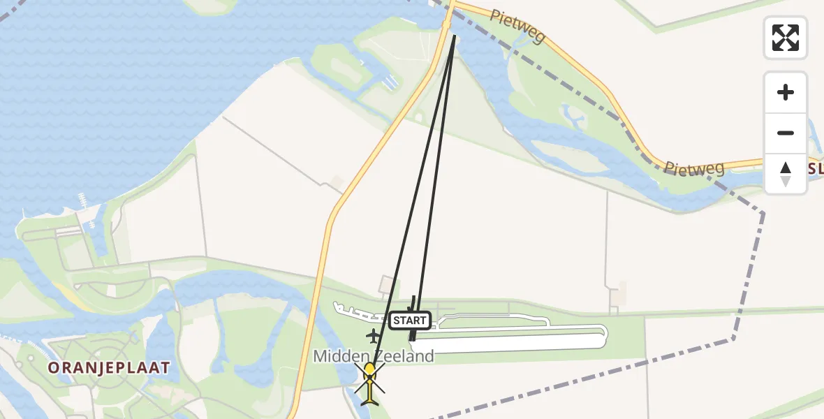 Routekaart van de vlucht: Kustwachthelikopter naar Vliegveld Midden-Zeeland, Muidenweg