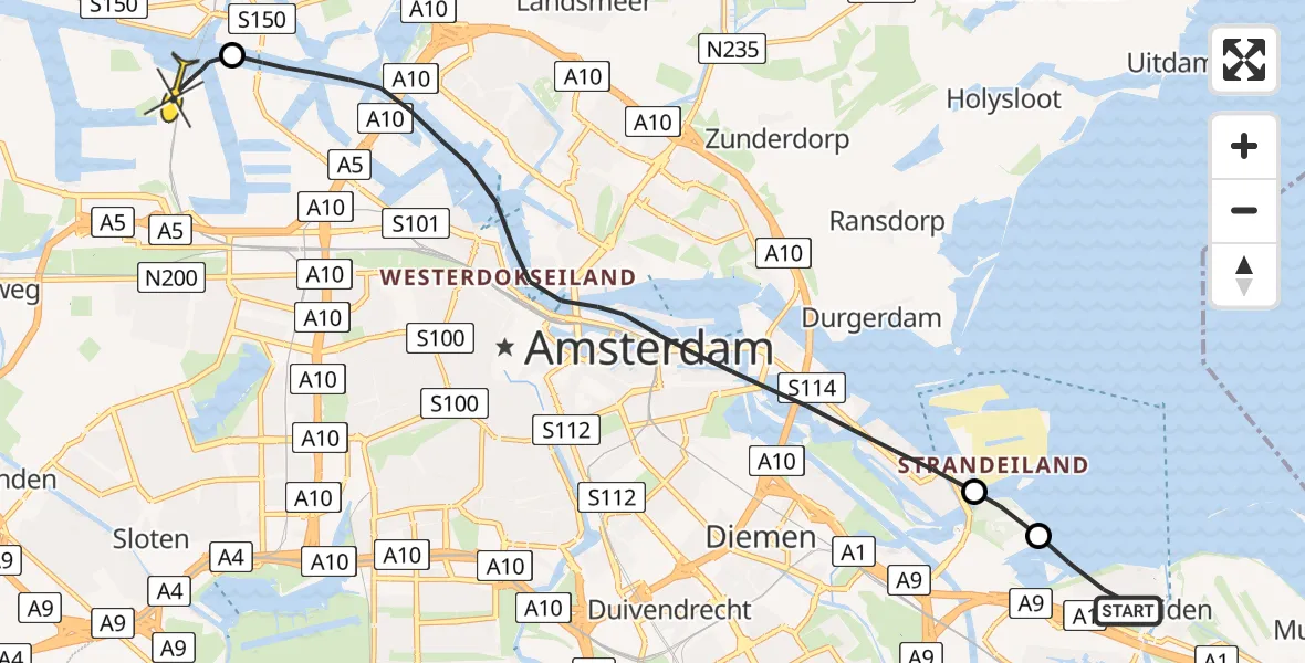 Routekaart van de vlucht: Traumahelikopter naar Amsterdam Heliport, Jan Kerstenpad