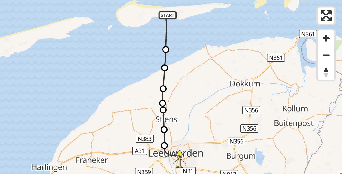 Routekaart van de vlucht: Ambulancehelikopter naar Leeuwarden, uitwatering