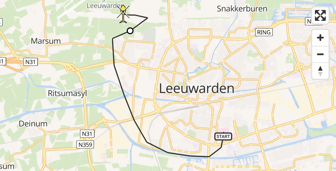 Routekaart van de vlucht: Ambulancehelikopter naar Vliegbasis Leeuwarden, Nijlânsdyk