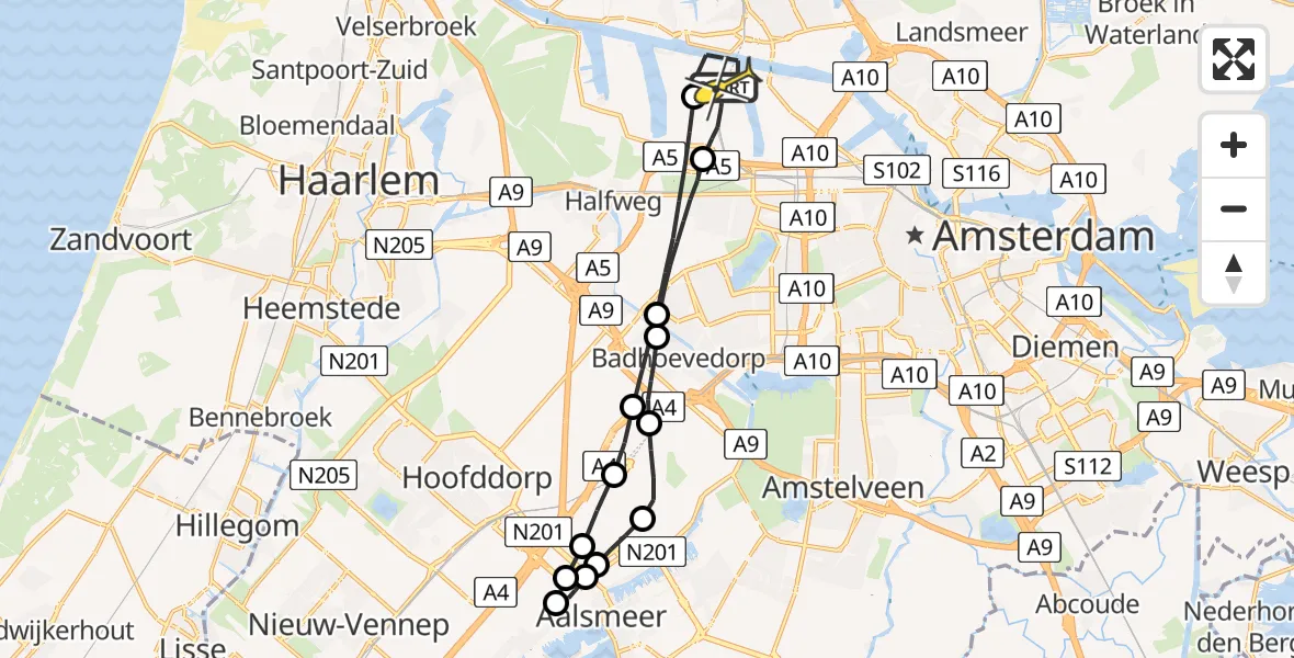 Routekaart van de vlucht: Lifeliner 1 naar Amsterdam Heliport, Nieuw-Zeelandweg