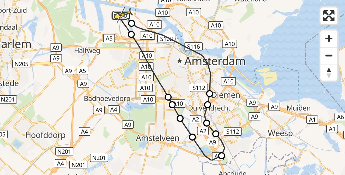 Routekaart van de vlucht: Lifeliner 1 naar Amsterdam Heliport, Corsicaweg