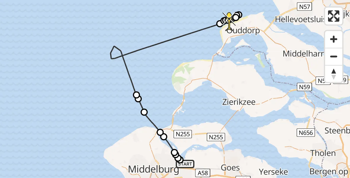 Routekaart van de vlucht: Kustwachthelikopter naar Ouddorp, Lamsoor